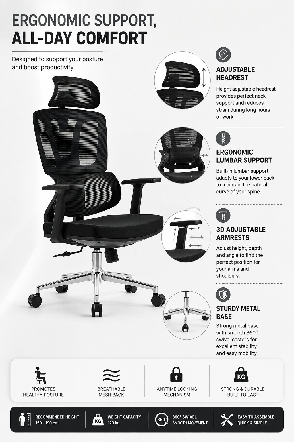 Venzo cushion with 3rd armrest anytime locking mechanish