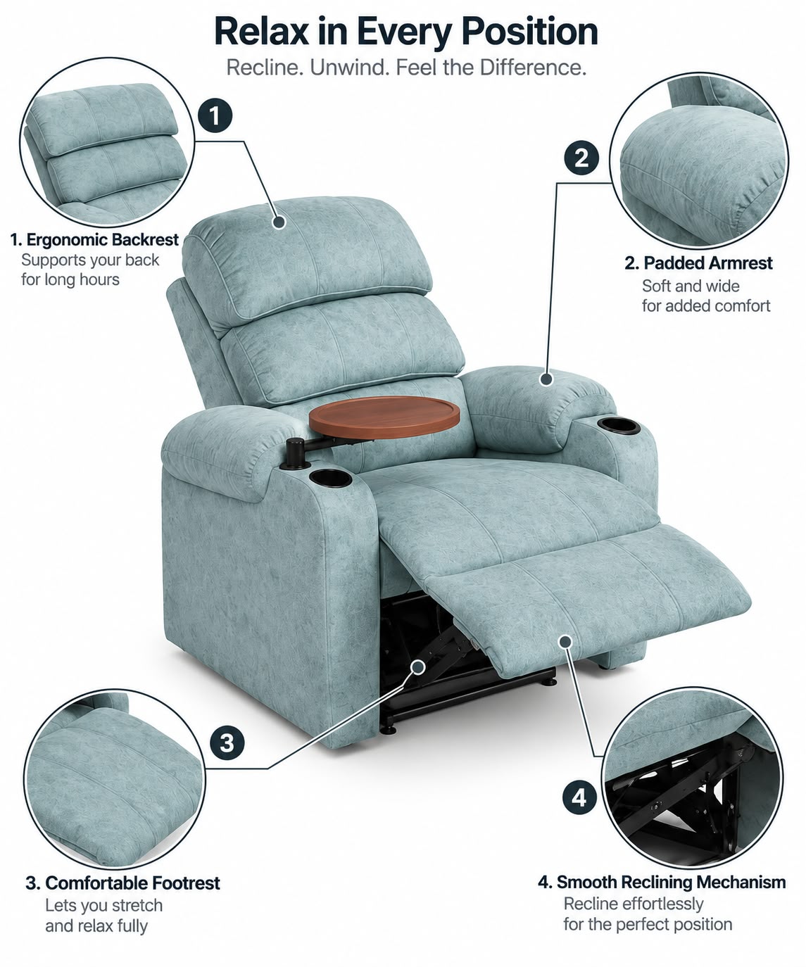 MOTORISED RECLINER SOFA WITH TABLE AND CUPHOLDER